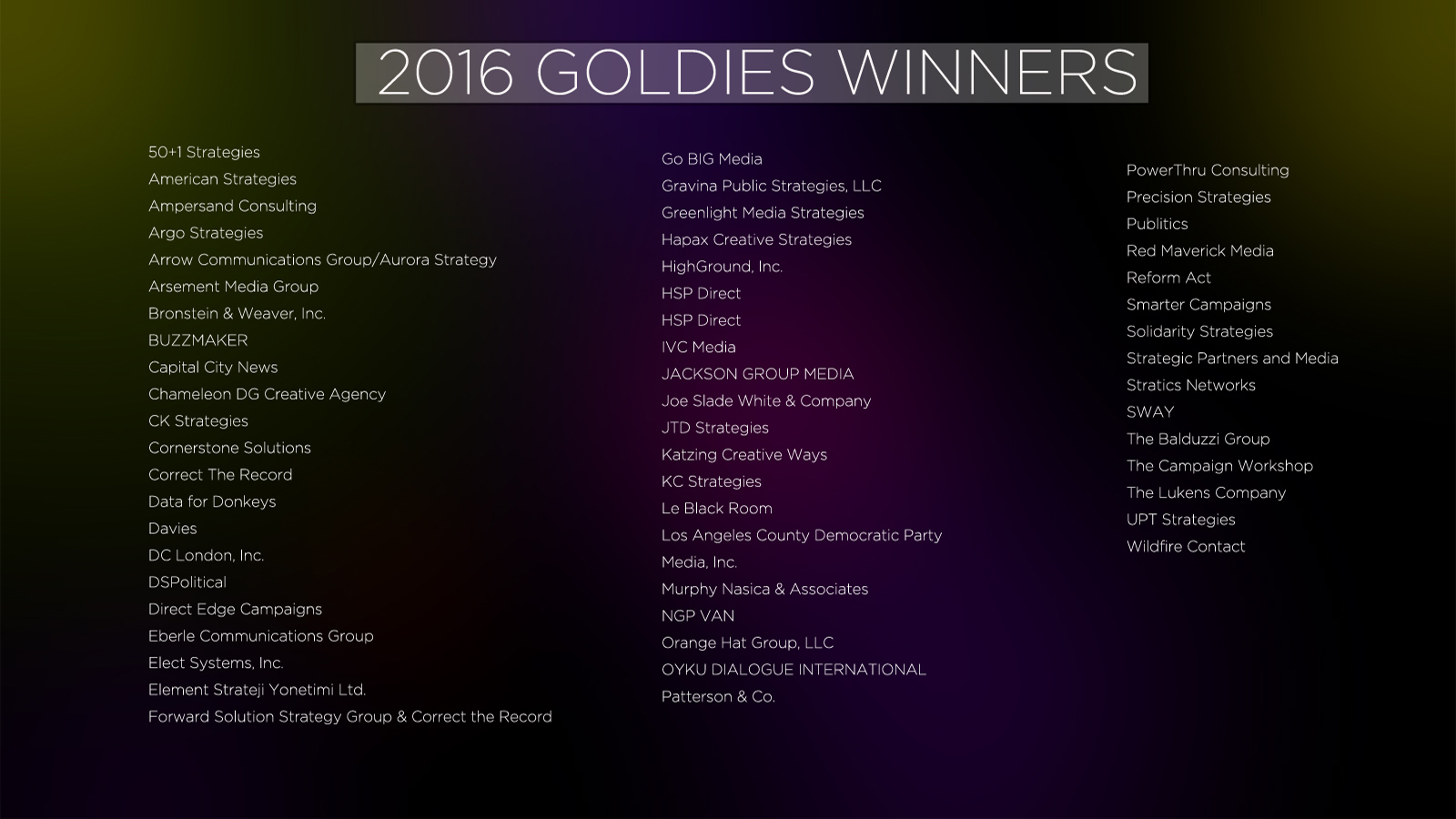 LAst Year's Goldies Winners